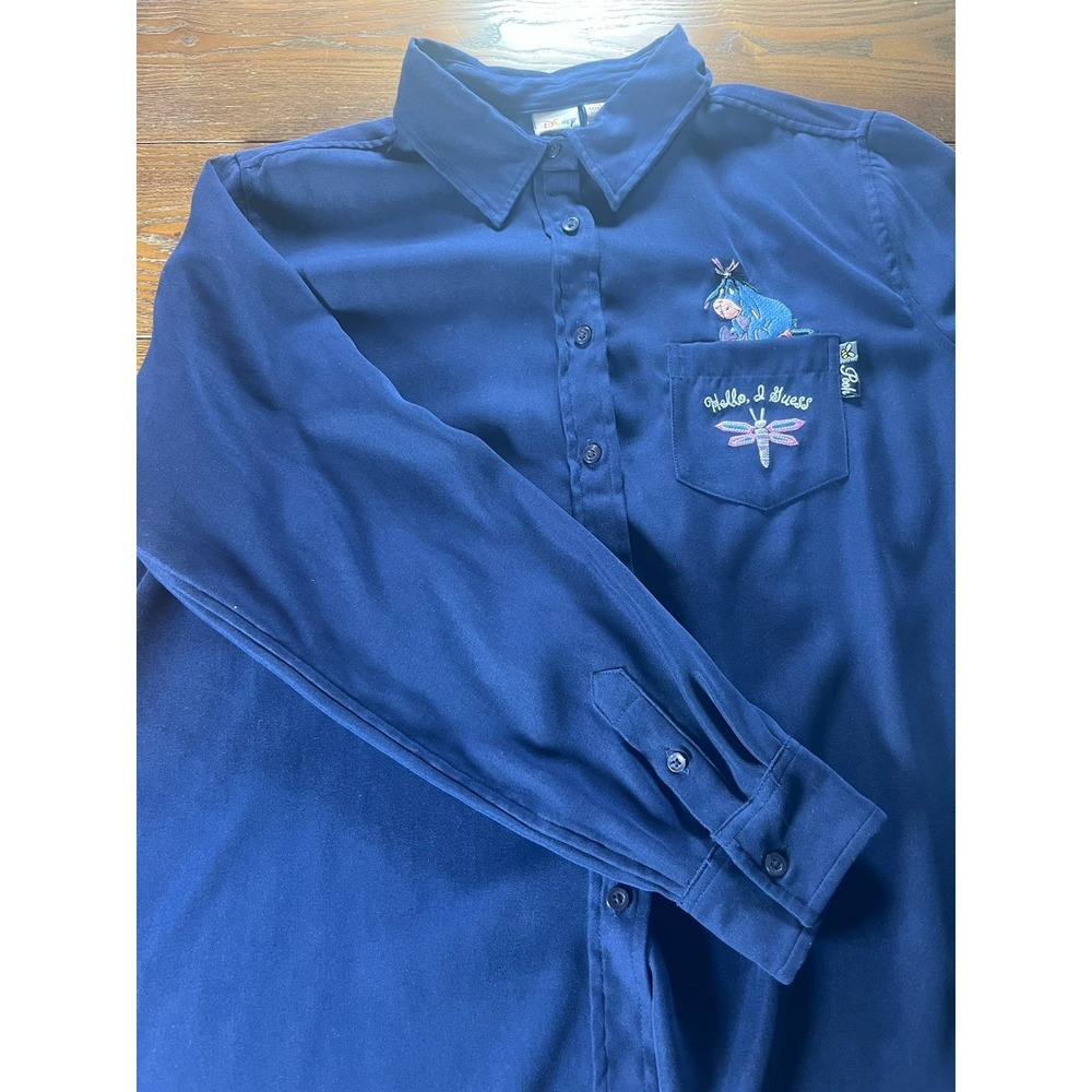 Disney Eeyore Winnie The Pooh XL Blue Button Up Shirt Womens Hello I guess